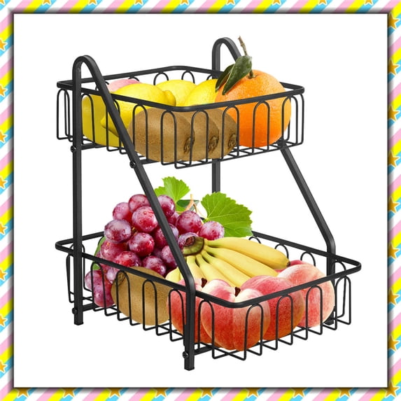 Auledio 2 Tier Metal Rectangle Fruit Vegetable Basket with handle for Kitchen Countertop, Black