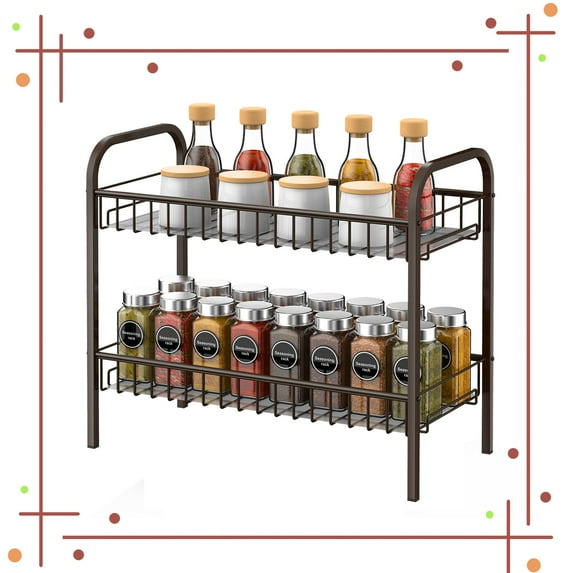 Auledio 2 Tier Metal Spice Rack Standing Seasoning Jars Rack for Cupboard, Pantry Door (Bronze)