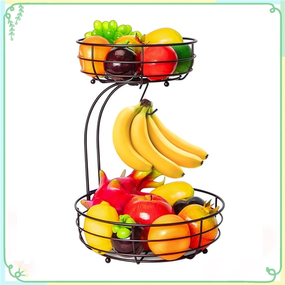 Auledio 2 Tier Metal Wire Fruit Basket Bowl with Banana Tree, Detachable Holder for Kitchen Counter in Bronze