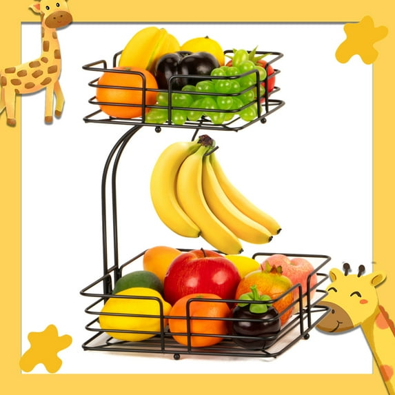 Auledio 2 Tier Metal Wire Fruit Vegetable Basket with Banana Tree, Detachable Storage Basket for Countertop (Black)