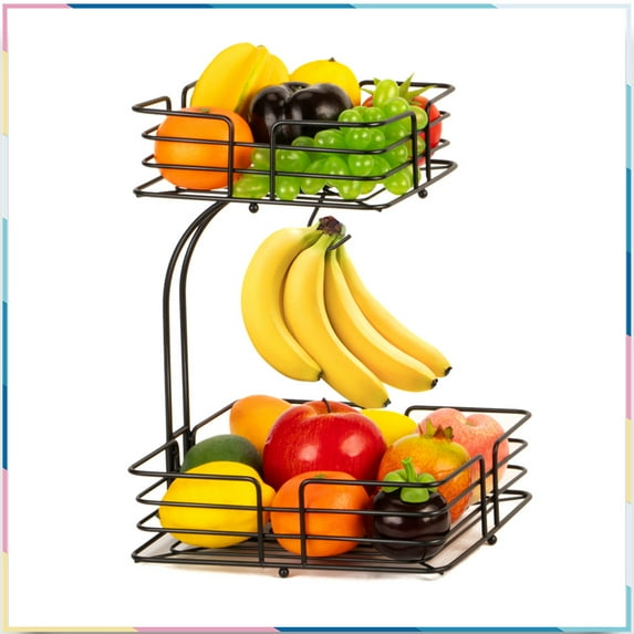 Auledio 2 Tier Metal Wire Fruit Vegetable Baskets with Banana Tree, Detachable Basket for Countertop (Black)