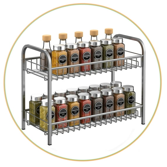 Auledio 2 Tier Spice Rack Organizer Standing Seasoning Jars Shelf for Kitchen Cabinet in Silver