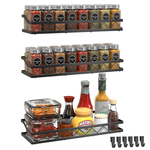 Auledio 3 Pcs Metal Spice Rack Organizer Wall-Mount Seasoning Jars Shelf for Kitchen Pantry Door (Black)