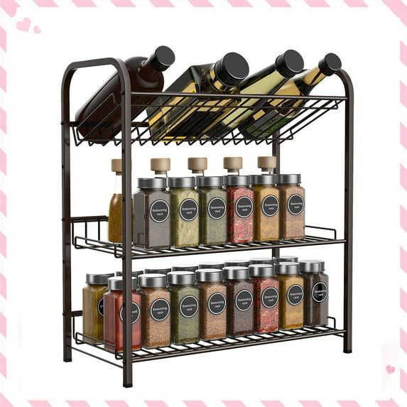 Auledio 3 Tier Metal Spice Rack Organizer Adjustable Freestanding Spice Jars Organizer for Kitchen Cabinet, Bronze