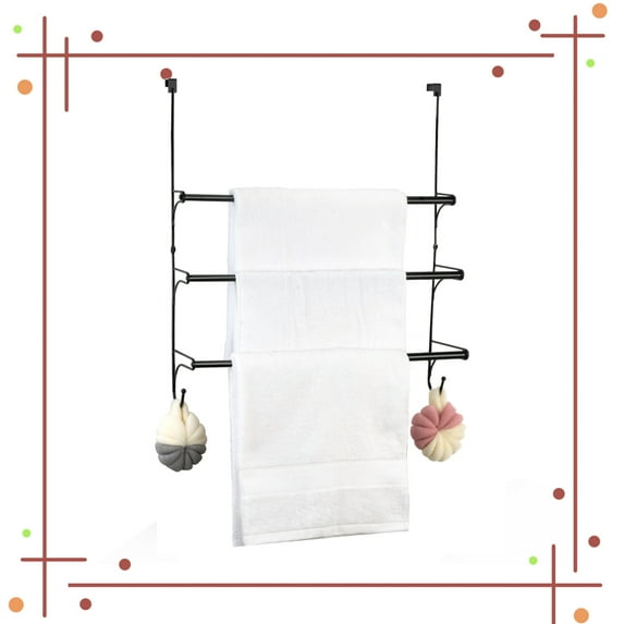 Auledio 3 Tier Metal Towel Rack Organizer Retractable Over the Door Towel Storage Organizer with 2 Hooksfor Storage of Washcloths, Towels (Black)