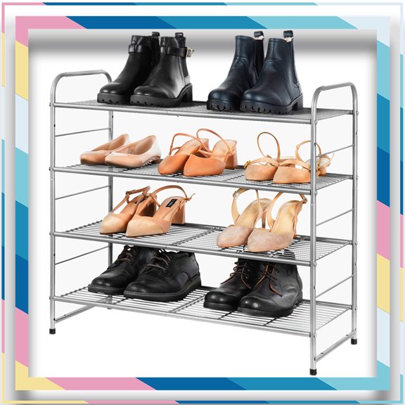 Auledio 4-Tier Metal Shoe Storage Rack,Stackable and Freestanding Organizer for Bedroom Closet Entryway,Silver
