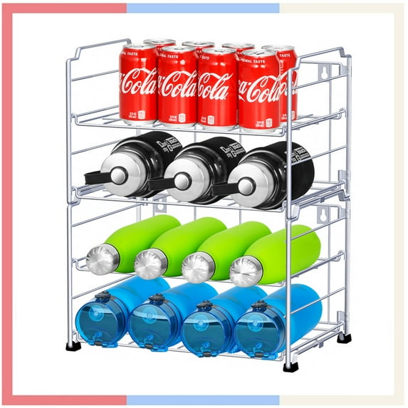 Auledio Adjustable Water Bottle Organizer Holder, 2 Tier (2 Pack) Stackable Water Bottle Storage Rack for Kitchen Countertop Pantry Cabinet, Silver