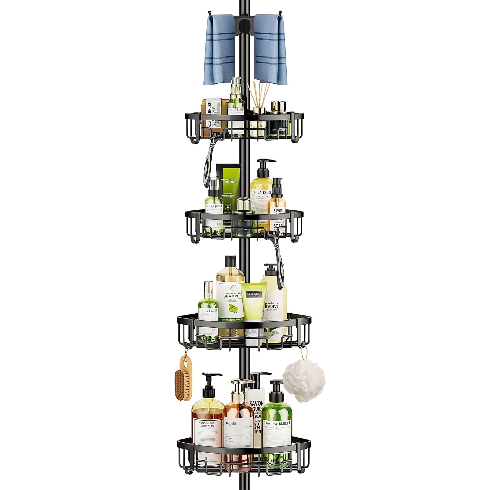 Auledio Corner Shower Caddy Tension Pole - 62-115INCH - 4-Tier Rustproof Bathroom Organizer Shelves, Adjustable Bathtub Tub Shampoo Storage