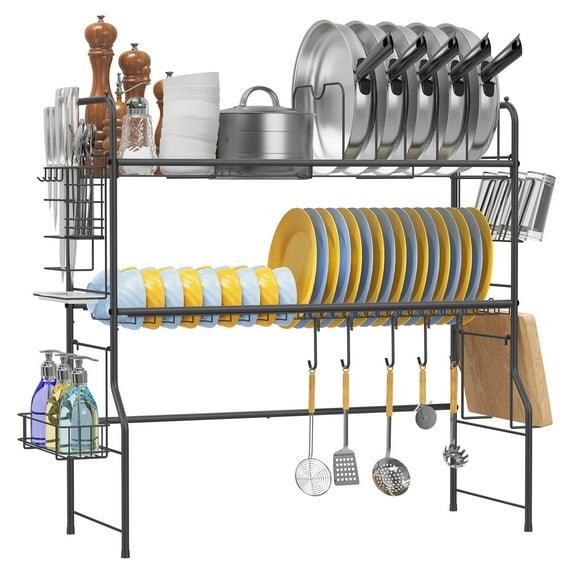 Auledio Over Sink Dish Drying Rack 2 Tier Freestanding Heavy Duty Sink Dish Rack with Cup Holder Utility Hooksfor Kitchen Counter in Black