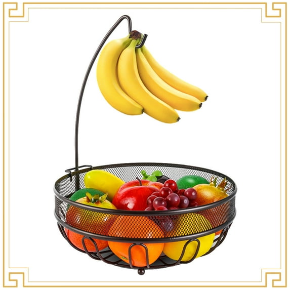 Auledio Fruit Basket Bowl with Banana Tree Hanger for Kitchen Counter, Bronze