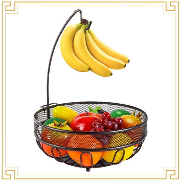 Auledio Fruit Basket Bowl with Banana Tree Hanger for Kitchen Counter, Bronze