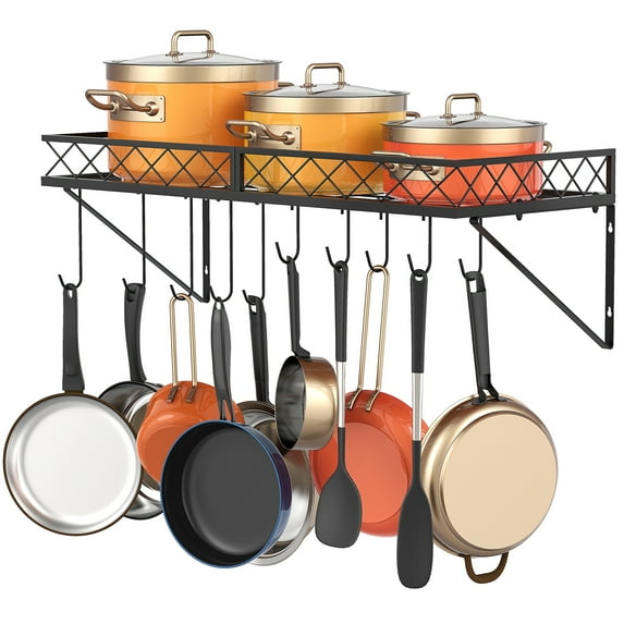 Auledio Hanging Pot Rack Wall-Mounted Cookware Holder with Utility 10 Hooks for Kitchen in Black