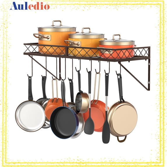 Auledio Hanging Pot Rack Wall Mounted Pan Rack Pot Holder with 10 Hooks for Kitchen, Bronze