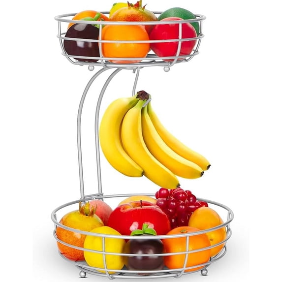 Auledio Iron 2-Tier Countertop Fruit Vegetables Basket Bowl Storage With Banana Pendant, Black, 64 ounces