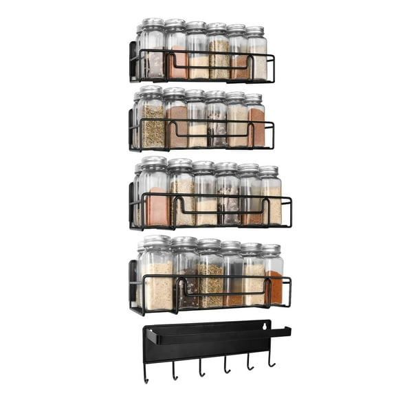 Auledio Magnetic Spice Rack for Refrigerator, 5 Pack Magnetic Fridge Shelf with Hooks, Spice Organizer Shelf for Kitchen Organization and Storage, Seasoning Organizer Gadgets for Metal Surface Black