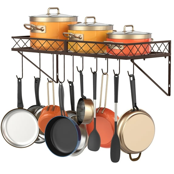 Auledio Pot and Pan Rack Wall-Mounted Cookware Holder with 10 Pot Hooks for Kitchen, Bronze
