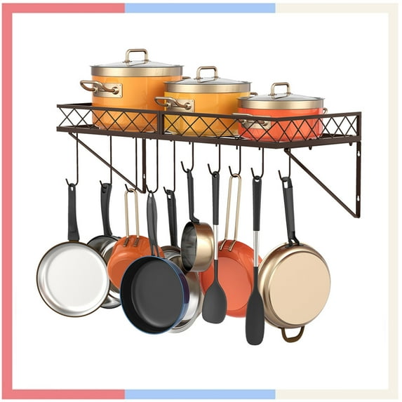 Auledio Metal Pot and Pan Rack Hanging Organizer, Wall Mounted Rack with 10 Hooks (Bronze)