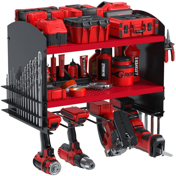 Auledio Power Tool Organizer, 4 Drill Holder Wall Mount,Heavy Duty Metal Tool Shelf, Storage Rack for Garage Organization, Heavy Duty Metal Tool Shelf，Red