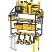 Auledio Power Tool Organizer Storage Rack Wall Mount Drill Holder for 4 Power Drill Tools, Mesh anti-drop design, Tool Shelving with Side Screwdriver Rack and hooks for Garage, Workshop Black