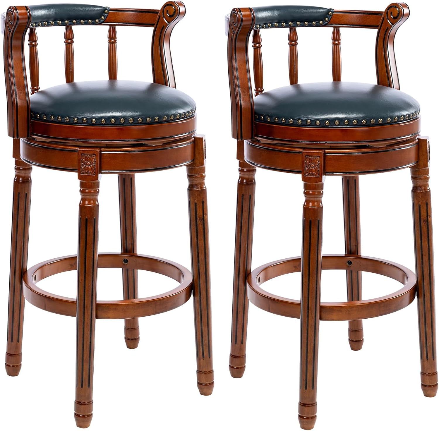Aulife 2pcs Bar Stools Genuine Leather Counter Height barstool Wooden Swivel kitchen Stool with Footrest for Kitchen Dining Room