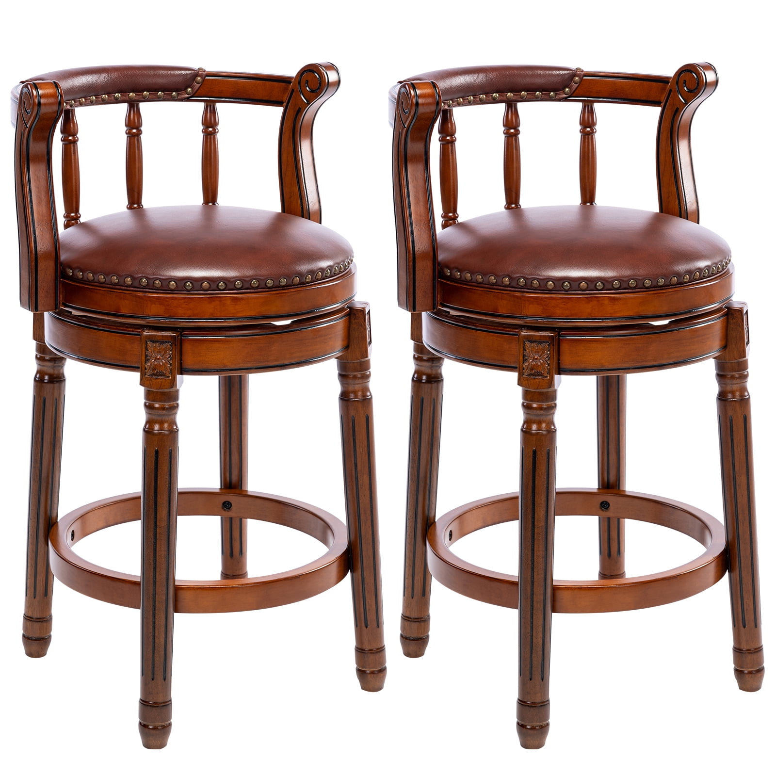 Aulife 2pcs Bar Stools Genuine Leather Counter Height barstool Wooden Swivel kitchen Stool with Footrest for Kitchen Dining Room