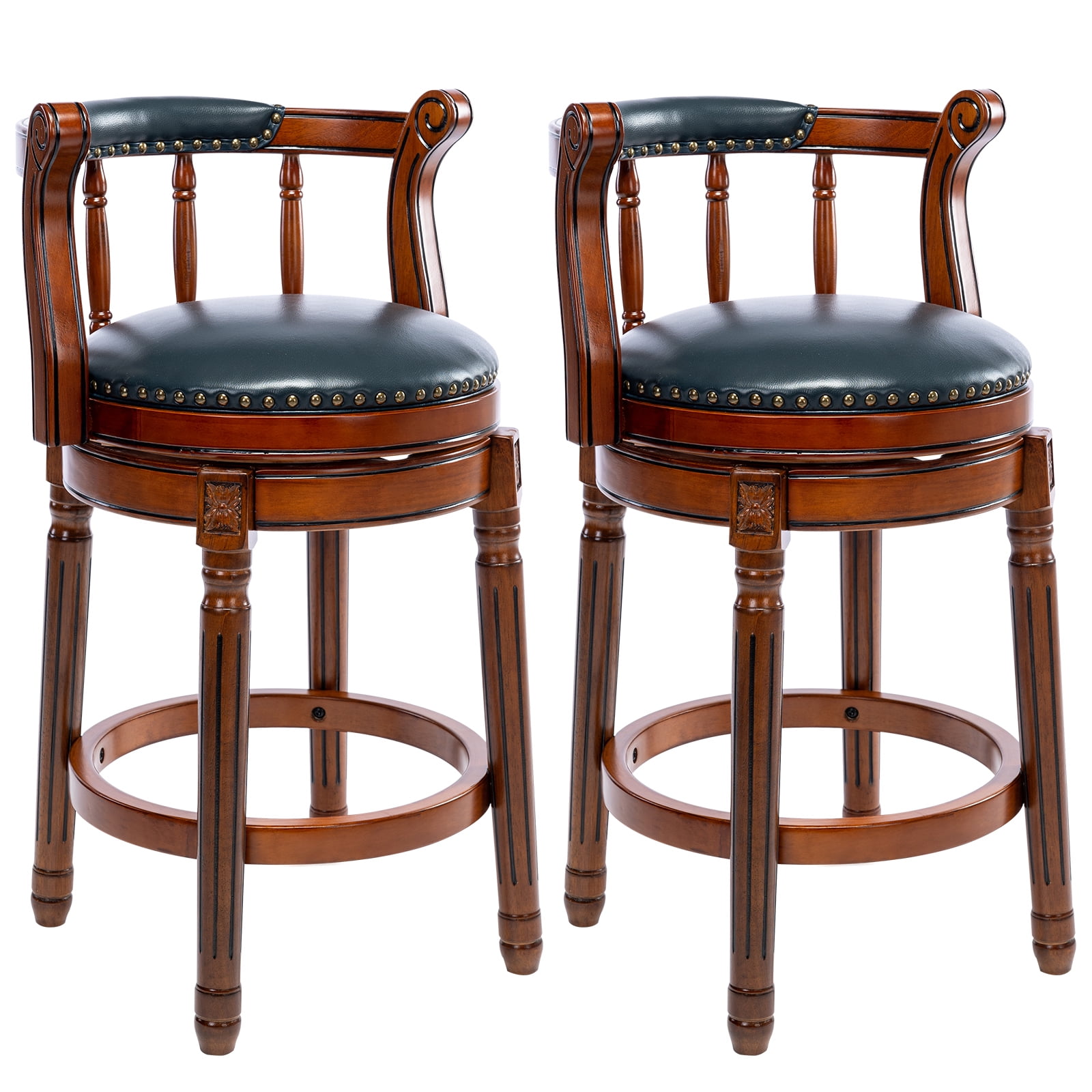 Aulife 2pcs Bar Stools Genuine Leather Counter Height barstool Wooden Swivel kitchen Stool with Footrest for Kitchen Dining Room