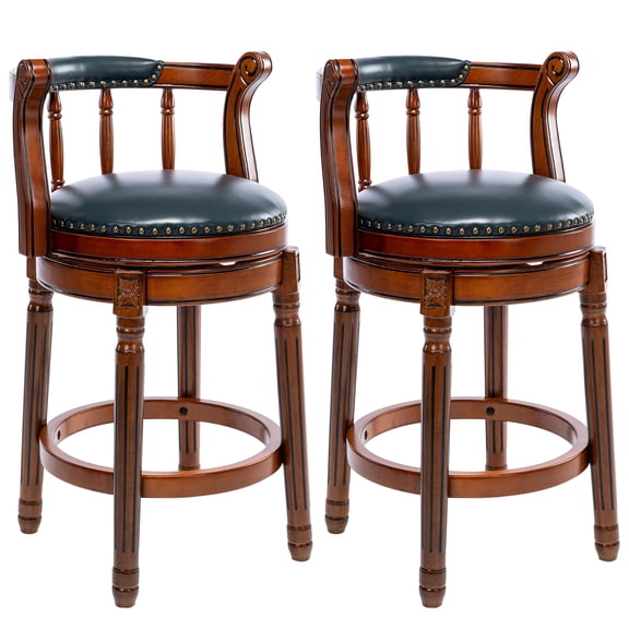 Aulife 2pcs Bar Stools Genuine Leather Counter Height barstool Wooden Swivel kitchen Stool with Footrest for Kitchen Dining Room