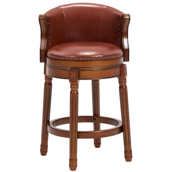Aulife Bar Stools Counter Height Rubber Wood Swivel Barstools with Back & Footrest-Genuine Leather Upholstered Bar Chair for Bar, Kitchen, Dining Room