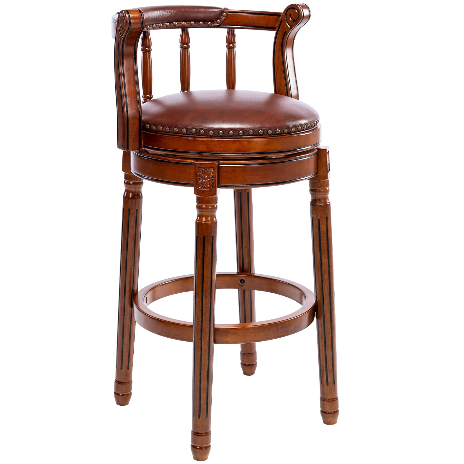 Brown Leather Swivel Bar Stool with Wooden Frame