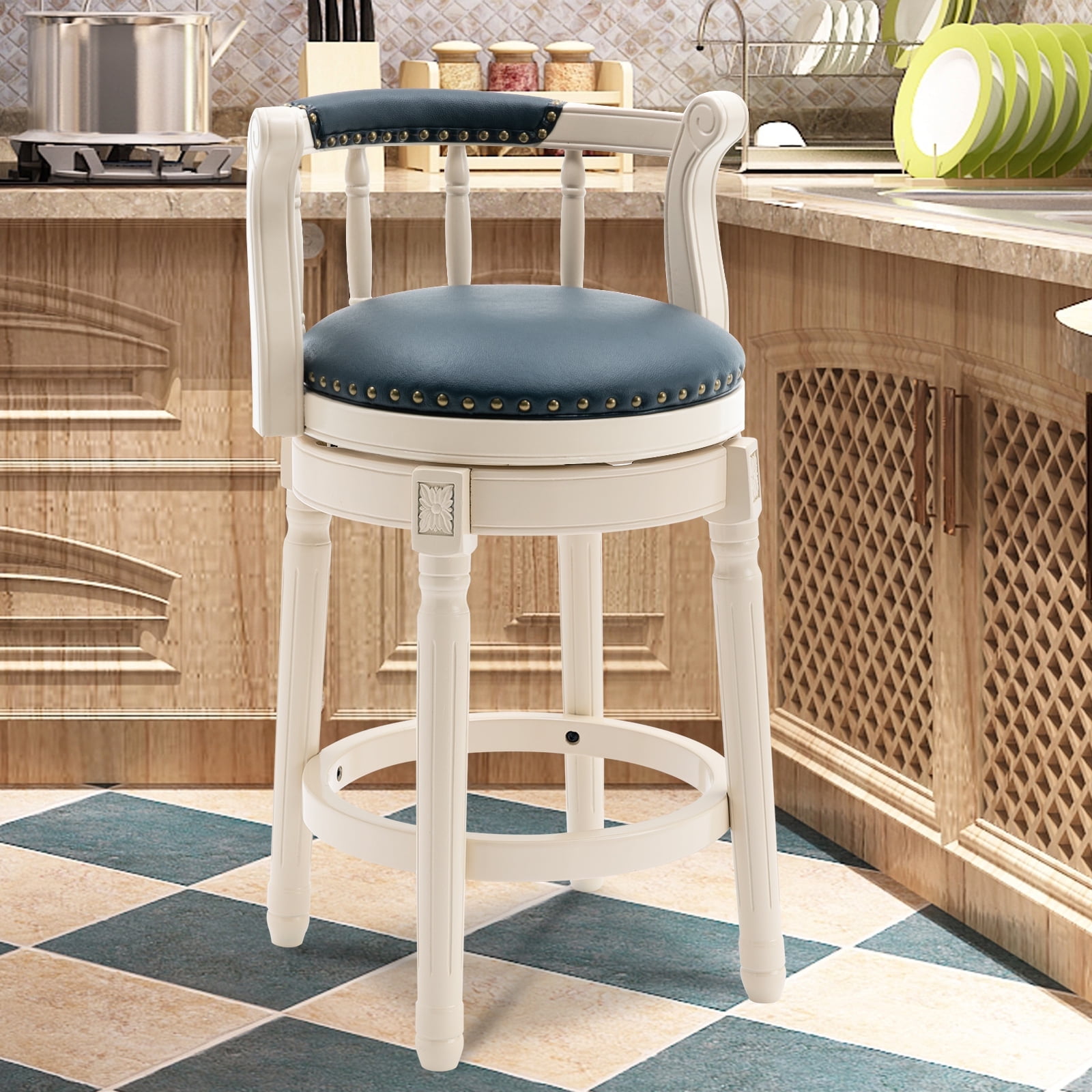 Aulife Bar Stools Genuine Leather Counter Height barstool Wooden Swivel kitchen Stool with Footrest for Kitchen Dining Room(ivory frame-Navy seat, Counter-26" seat height)