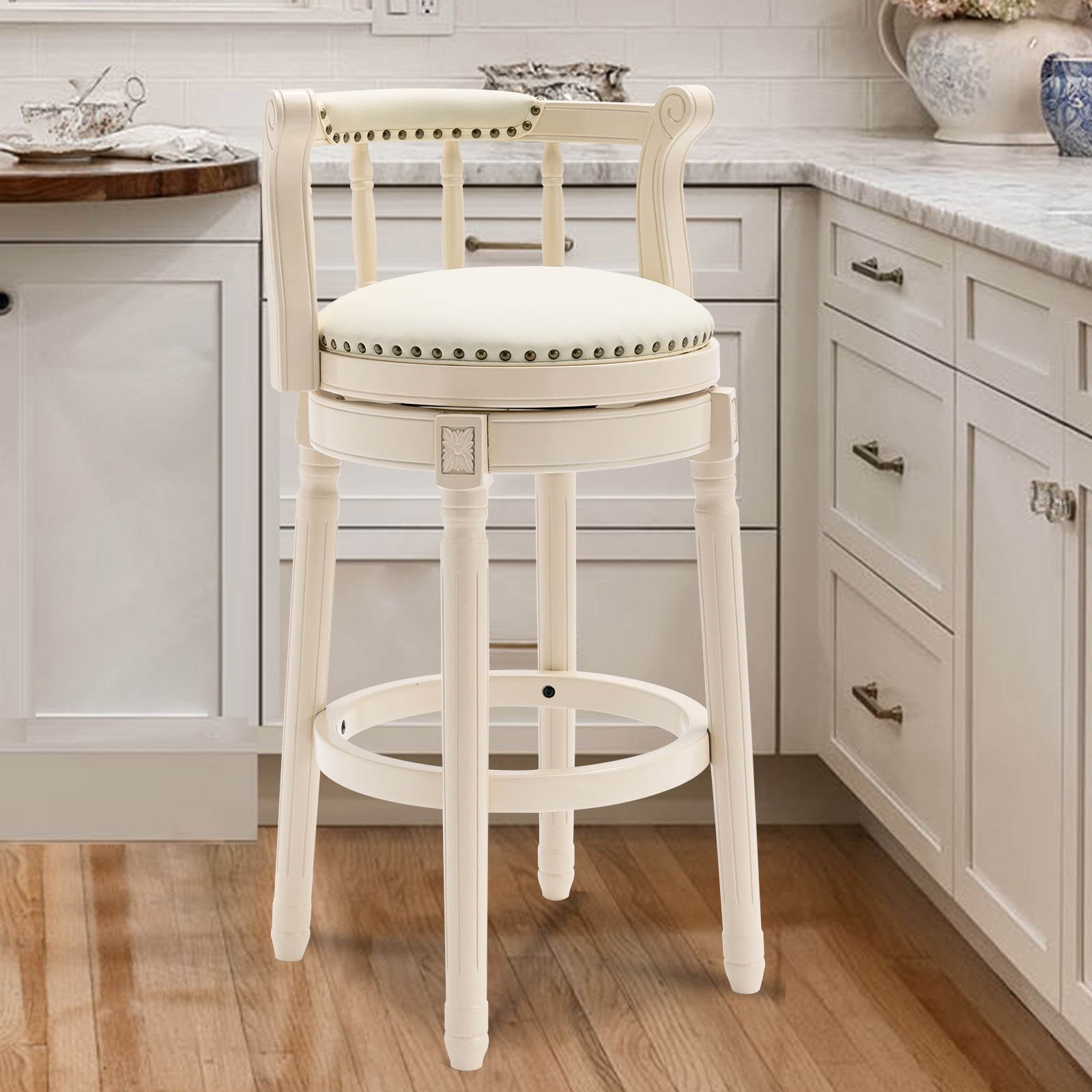 Aulife Bar Stools Genuine Leather Counter Height barstool Wooden Swivel kitchen Stool with Footrest for Kitchen Dining Room(ivory frame-Navy seat, Counter-29.5" seat height)