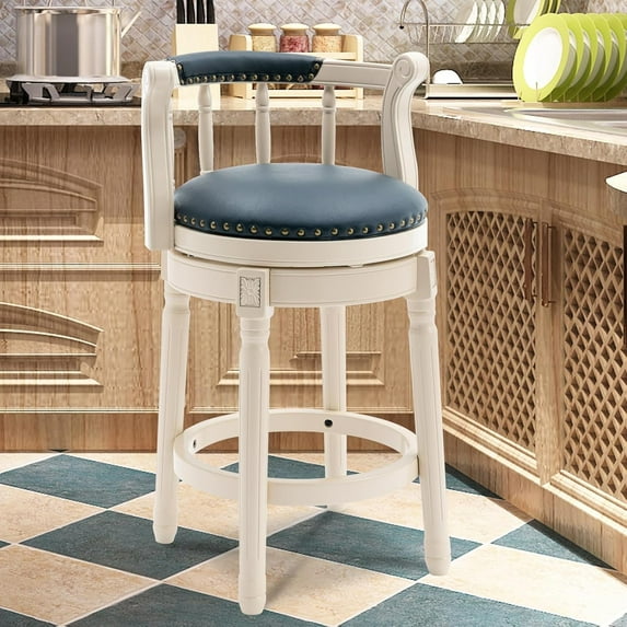 Aulife Bar Stools Genuine Leather Counter Height barstool Wooden Swivel kitchen Stool with Footrest for Kitchen Dining Room(ivory seat, Counter-29.5" seat height)