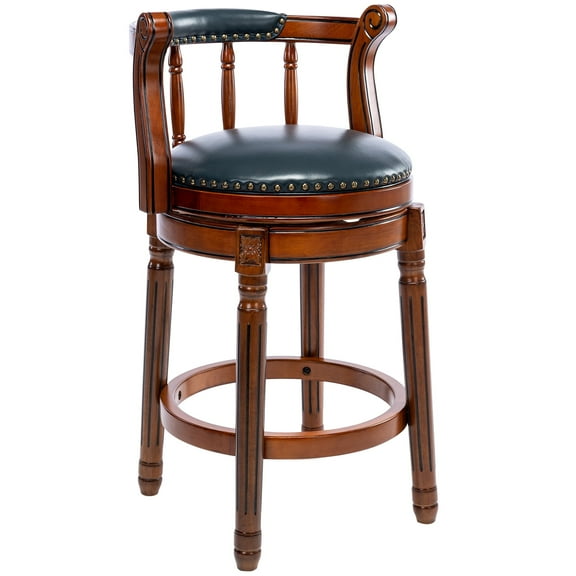 Aulife Bar Stools Genuine Leather Counter Height barstool Wooden Swivel kitchen Stool with Footrest for Kitchen Dining Room(navy seat, Counter-26" seat height)