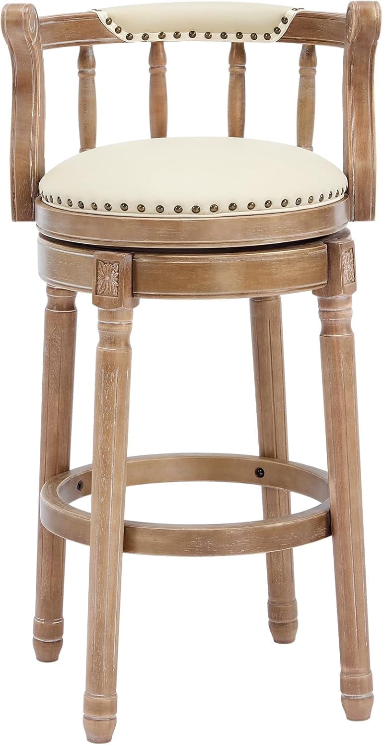 Aulife Bar Stools Genuine Leather Counter Height barstool Wooden Swivel kitchen Stool with Footrest for Kitchen Dining Room