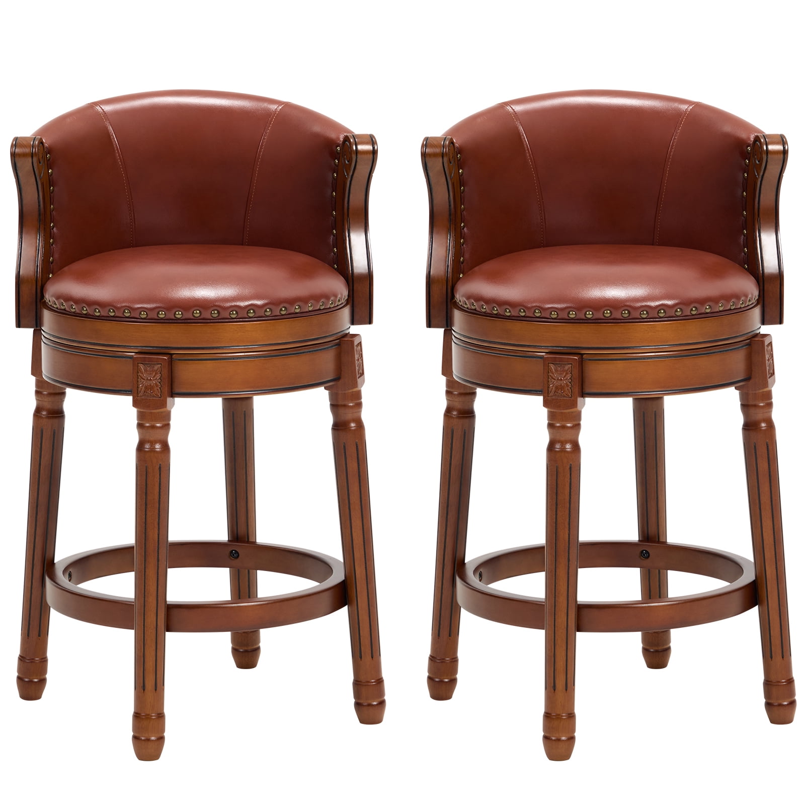 Aulife set of 2 Bar Stools Genuine Leather Counter Height barstool Wooden Swivel kitchen Stool with Footrest for Kitchen Dining Room Brown