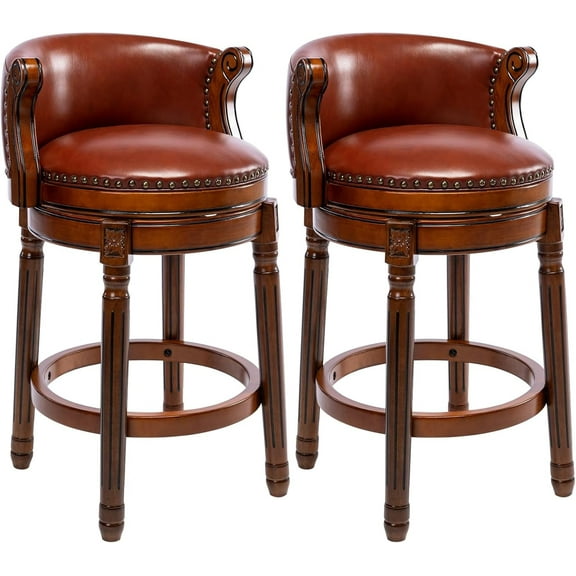 Aulife set of 2 Bar Stools Genuine Leather Counter Height barstool Wooden Swivel kitchen Stool with Footrest for Kitchen Dining Room Brown