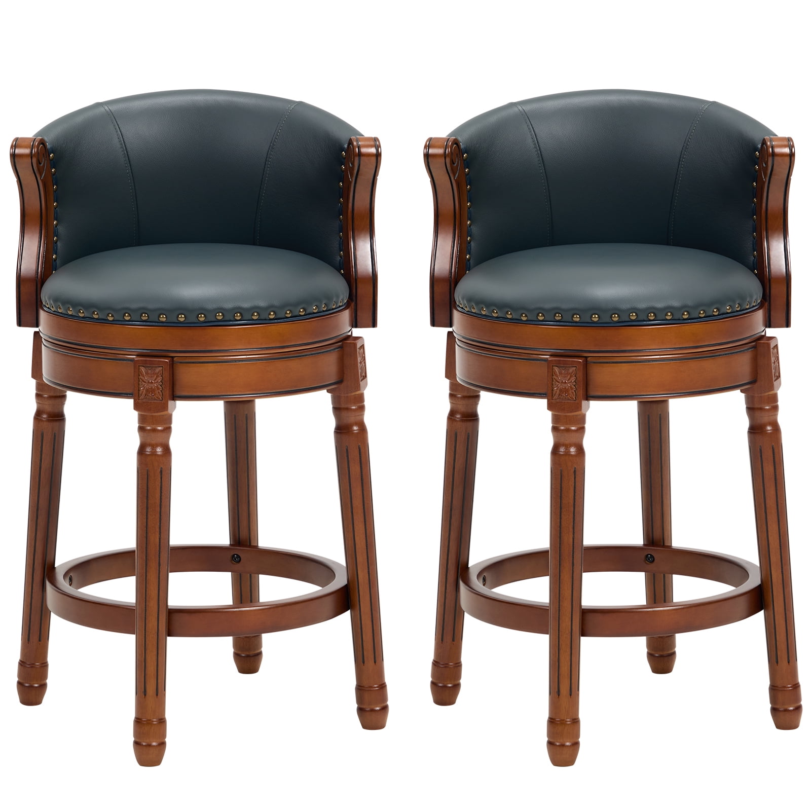 Aulife set of 2 Bar Stools Genuine Leather Counter Height barstool Wooden Swivel kitchen Stool with Footrest for Kitchen Dining Room Navy