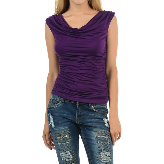 Auliné Collection Womens Career Solid Color Ruched Cowl Neck Casual Blouse Top Purple Medium