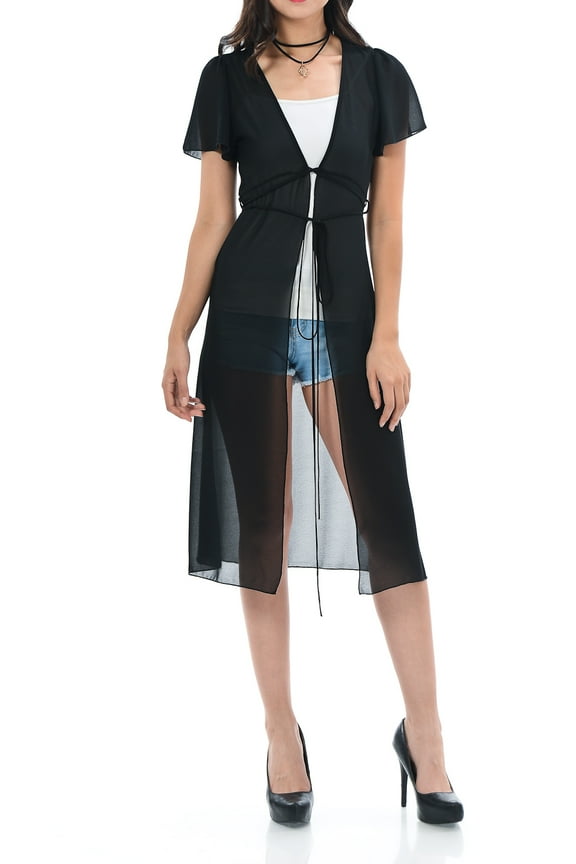 Aulin Collection Womens Long Draped Short Sleeve Sheer Cover Up Mesh Cardigan