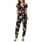 Aulin Collection Womens Short Cap Sleeve V-Neck Long Pants Romper Jumpsuit - Botanic Floral S/M