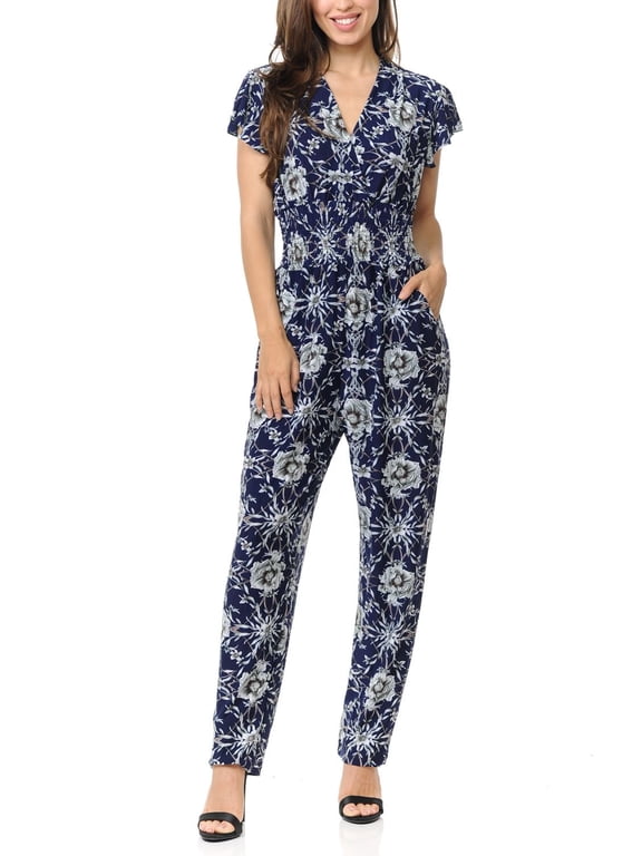 Auliné Collection Womens Short Cap Sleeve V-Neck Long Pants Romper Jumpsuit - Peony Bloom Floral L/XL