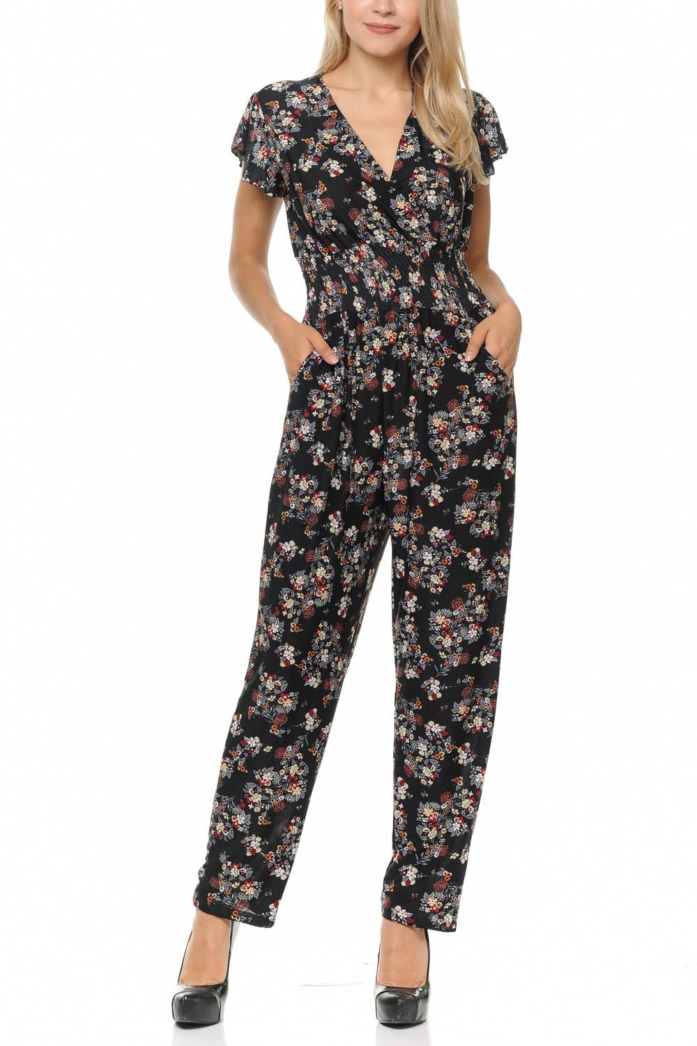 Auliné Collection Womens Short Cap Sleeve V-Neck Long Pants Romper Jumpsuit - Wildflower Floral S/M