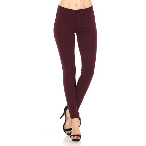 Auliné Collection Womens Solid Slim Fit Color Skinny Stretchy Ponte Pants Burgundy M