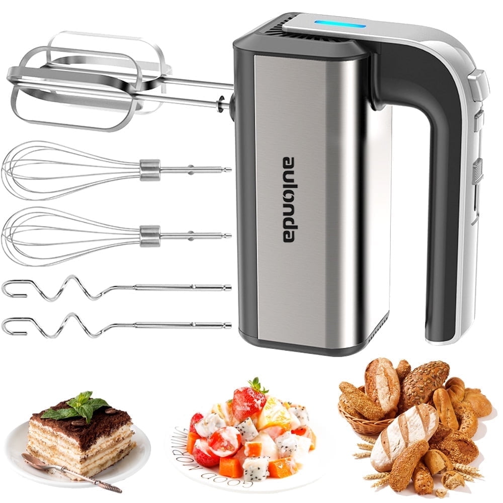 Aulonda 5 Speed Hand Mixer with Turbo Boost,Stainless Steel Kitchen Handheld Mixer Includes 6 Attachments,One-touch baking,Silver