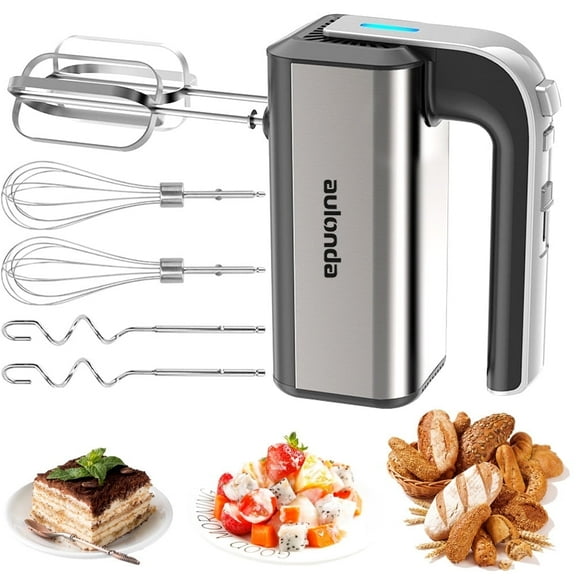 Aulonda 5 Speed Hand Mixer with Turbo Boost,Stainless Steel Kitchen Handheld Mixer Includes 6 Attachments,One-touch baking,Silver