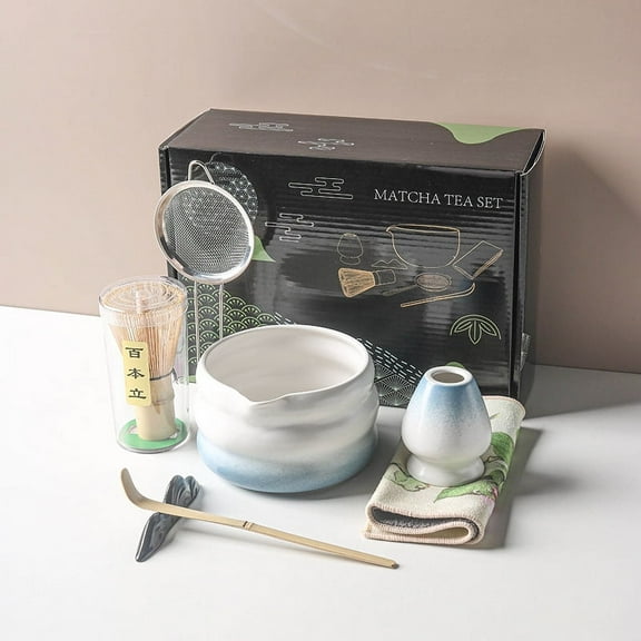 Aulonda 7Pcs Matcha Whisk Set Elegant Matcha Tea Set Reusable Matcha Making Kit with Stainless Steel Sifter Ceramic Matcha Bowl Matcha Whisk Holder Bamboo Matcha Whisk(Blue Gradient)