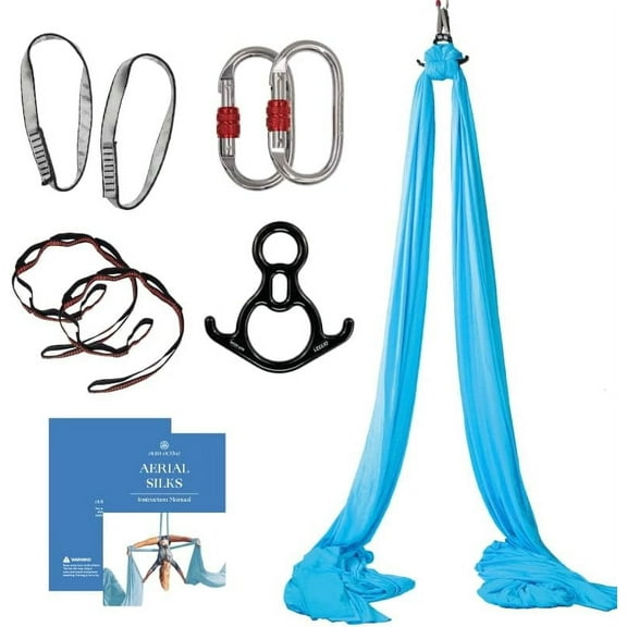 Aum Active Aerial Silks Yoga Sling Hammock Starter Kit - 9 Yd Tricot Fabric, Blue
