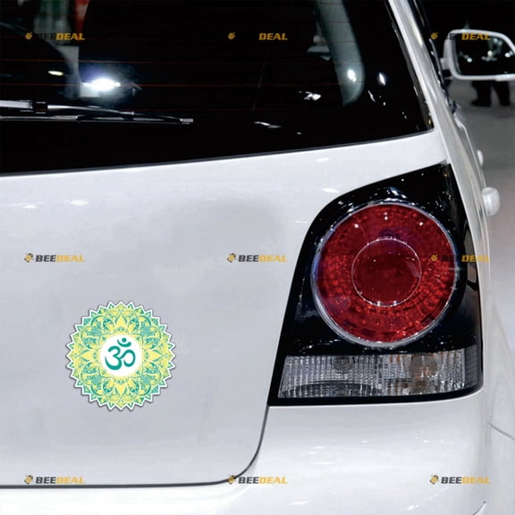 Aum Om Ohm Symbol Mandala Car Magnet Round Green Yellow Yoga Magnetic Sticker Decal - 2 Pack Reflective 4" - for Truck Door Fridge Reusable Waterproof