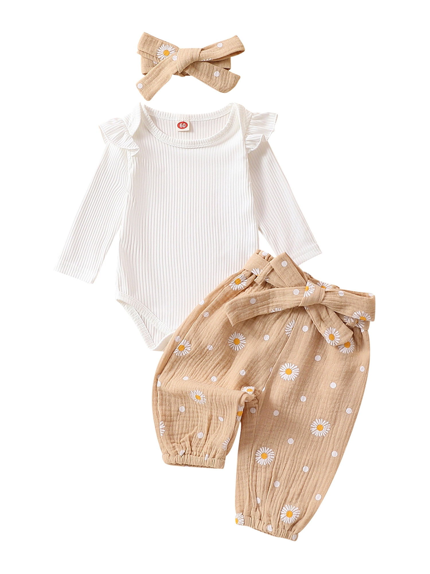 Aunavey 3Pcs Baby Girls Pants Sets, Casual White Long Sleeve Ruffle