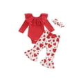 thumbnail image 1 of Aunavey 3Pcs My First Valentines Day Baby Girls Outfit Long Sleeve Romper Heart Bell Bottoms Headband, 1 of 7
